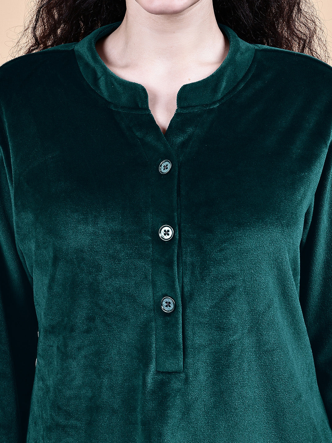Bottle Green Solid Velvet Winter Night Suit