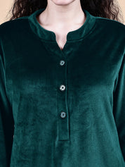Bottle Green Solid Velvet Winter Night Suit