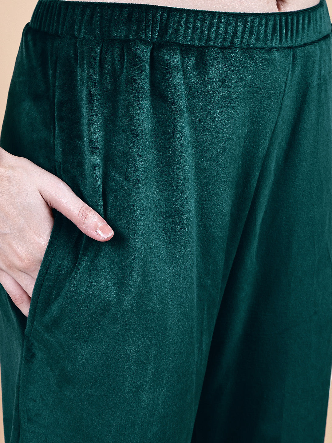 Bottle Green Solid Velvet Winter Night Suit