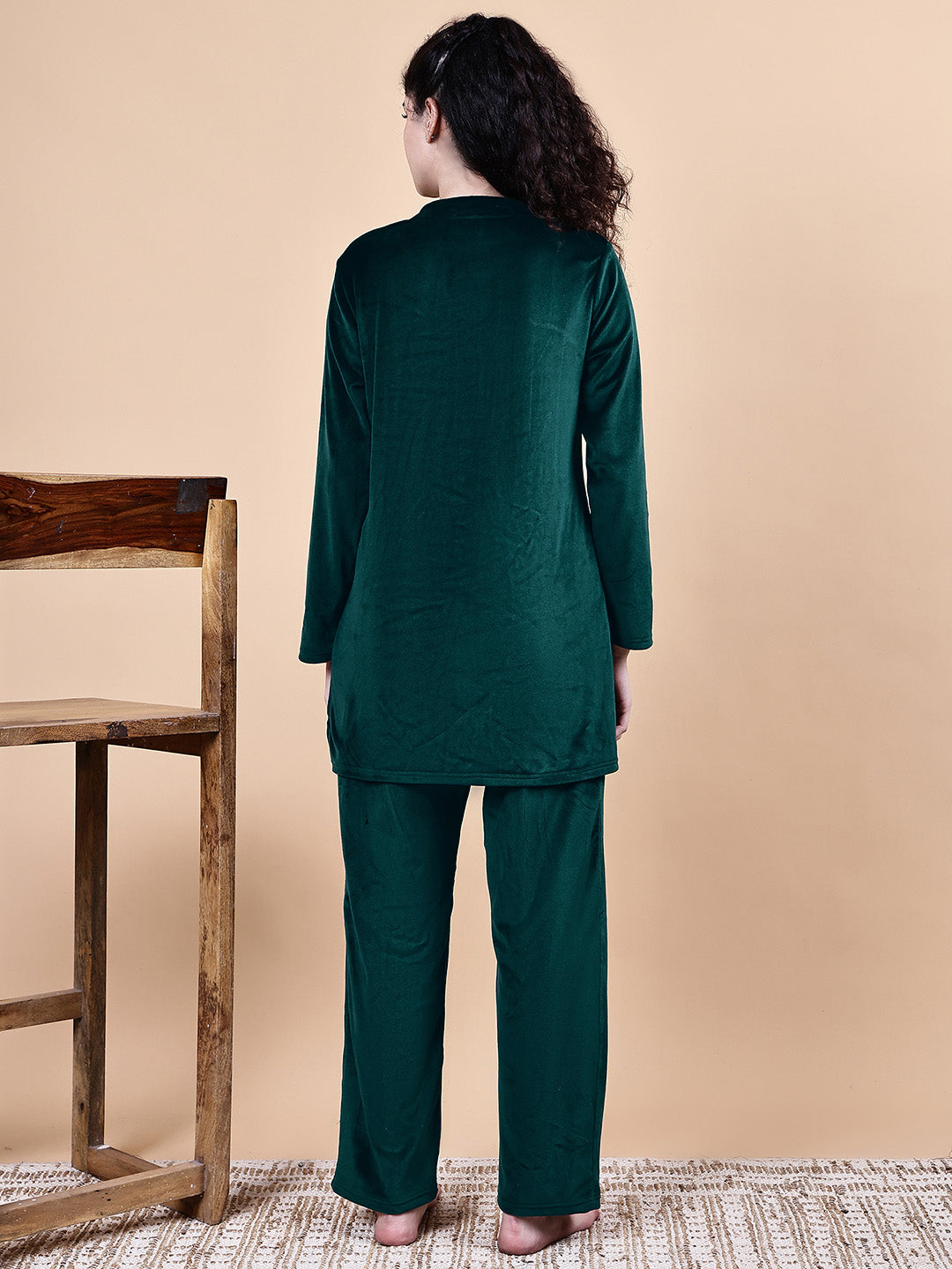 Bottle Green Solid Velvet Winter Night Suit