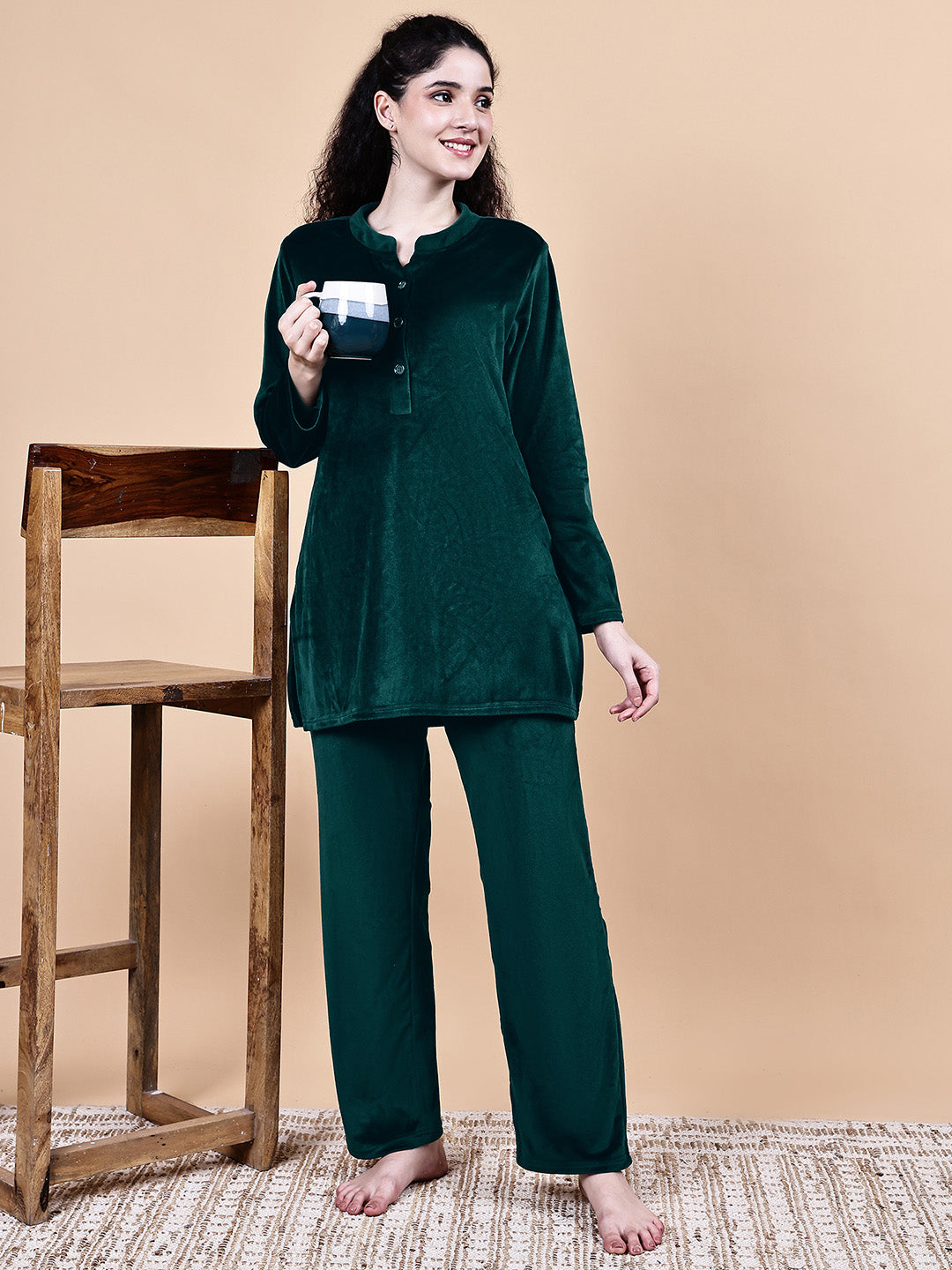 Bottle Green Solid Velvet Winter Night Suit