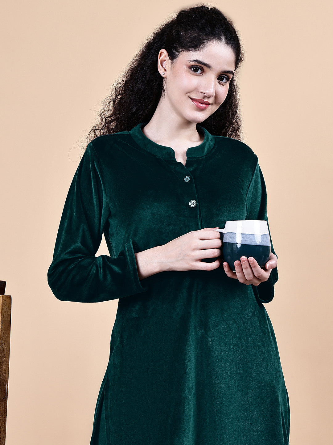 Bottle Green Solid Velvet Winter Night Suit