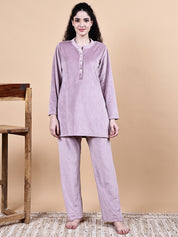 Pink Solid Velvet Winter Night Suit