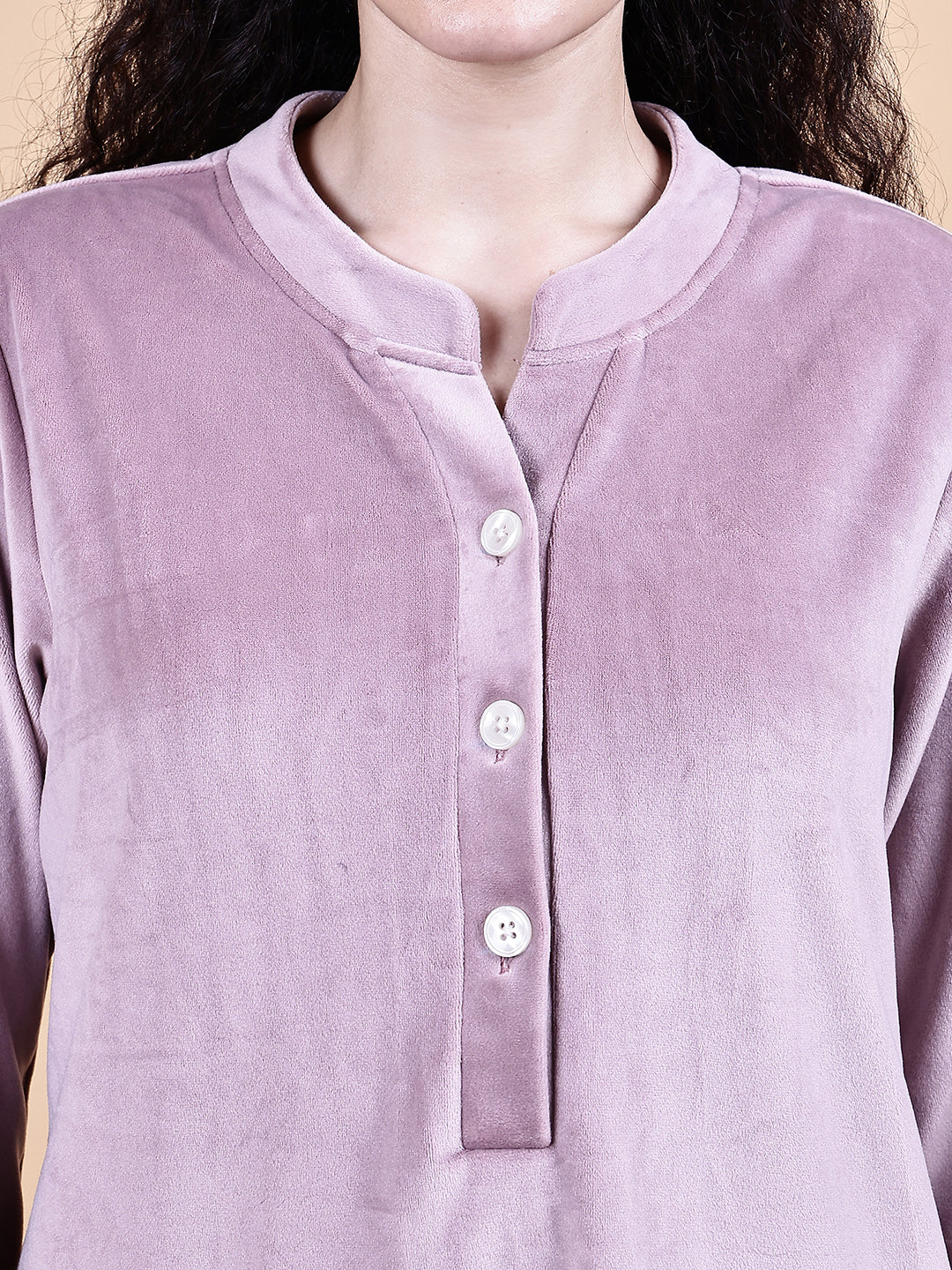 Pink Solid Velvet Winter Night Suit