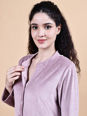 Pink Solid Velvet Winter Night Suit