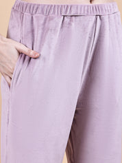 Pink Solid Velvet Winter Night Suit