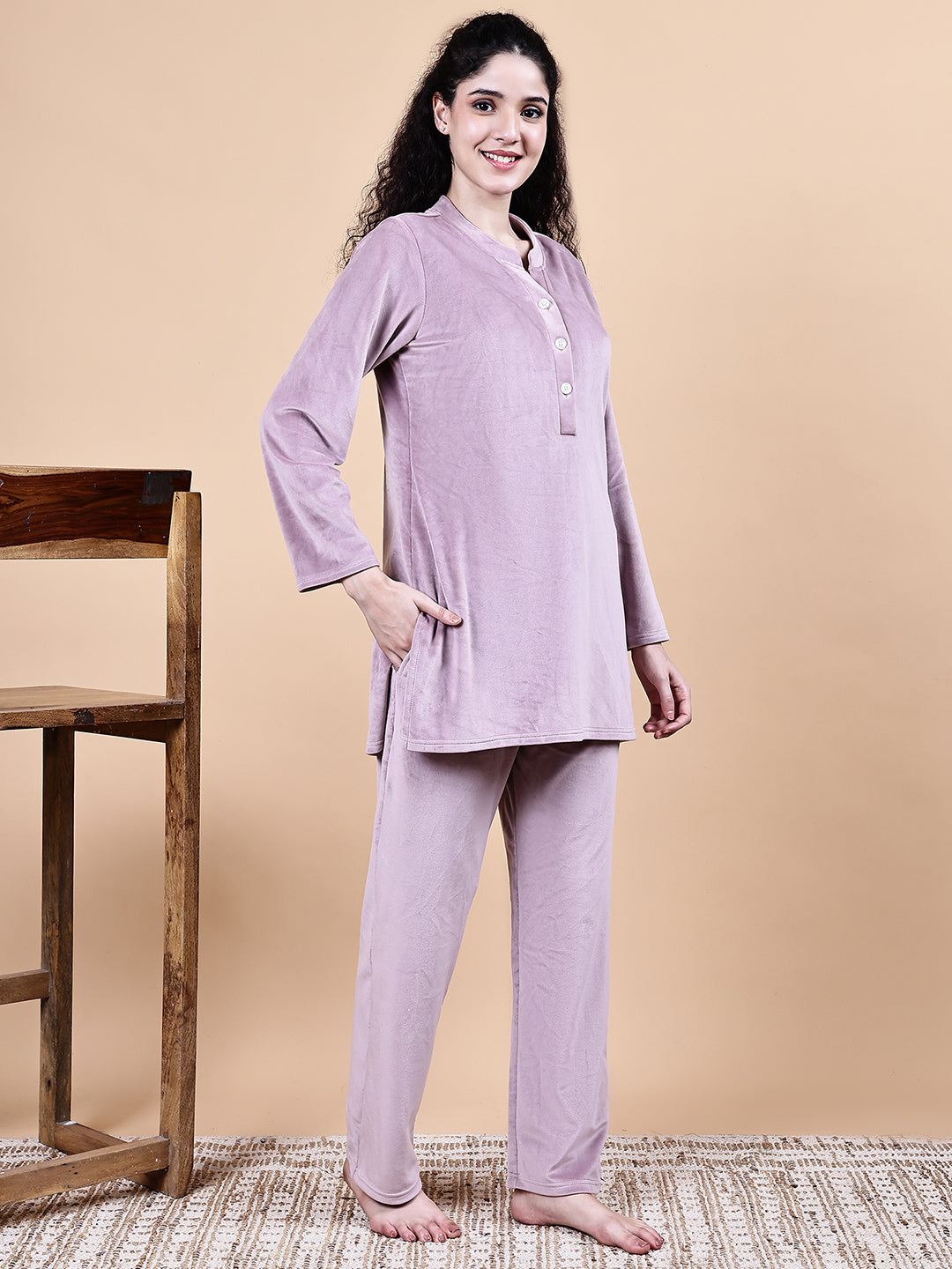 Pink Solid Velvet Winter Night Suit