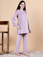 Pink Solid Velvet Winter Night Suit