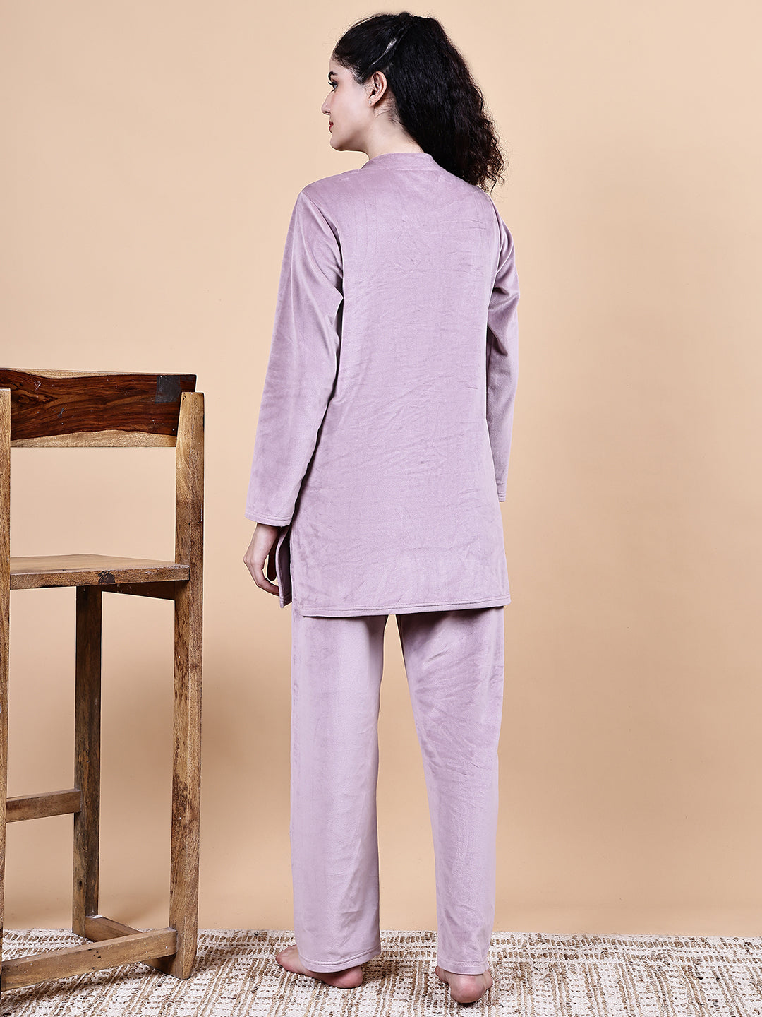 Pink Solid Velvet Winter Night Suit
