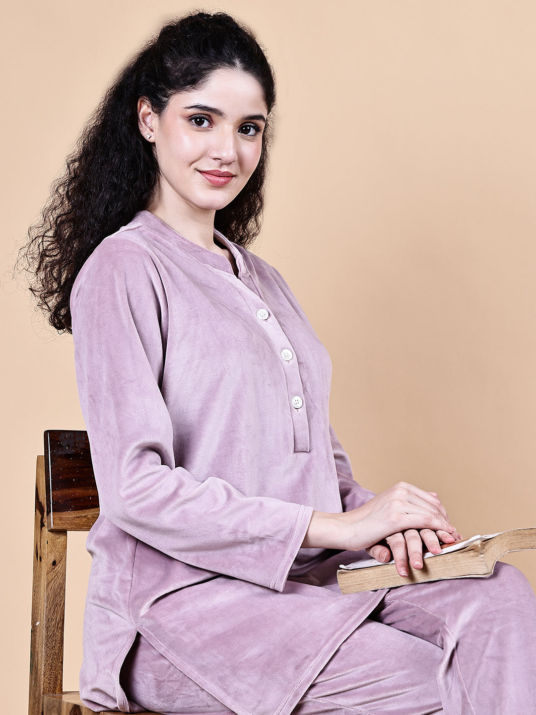 Pink Solid Velvet Winter Night Suit