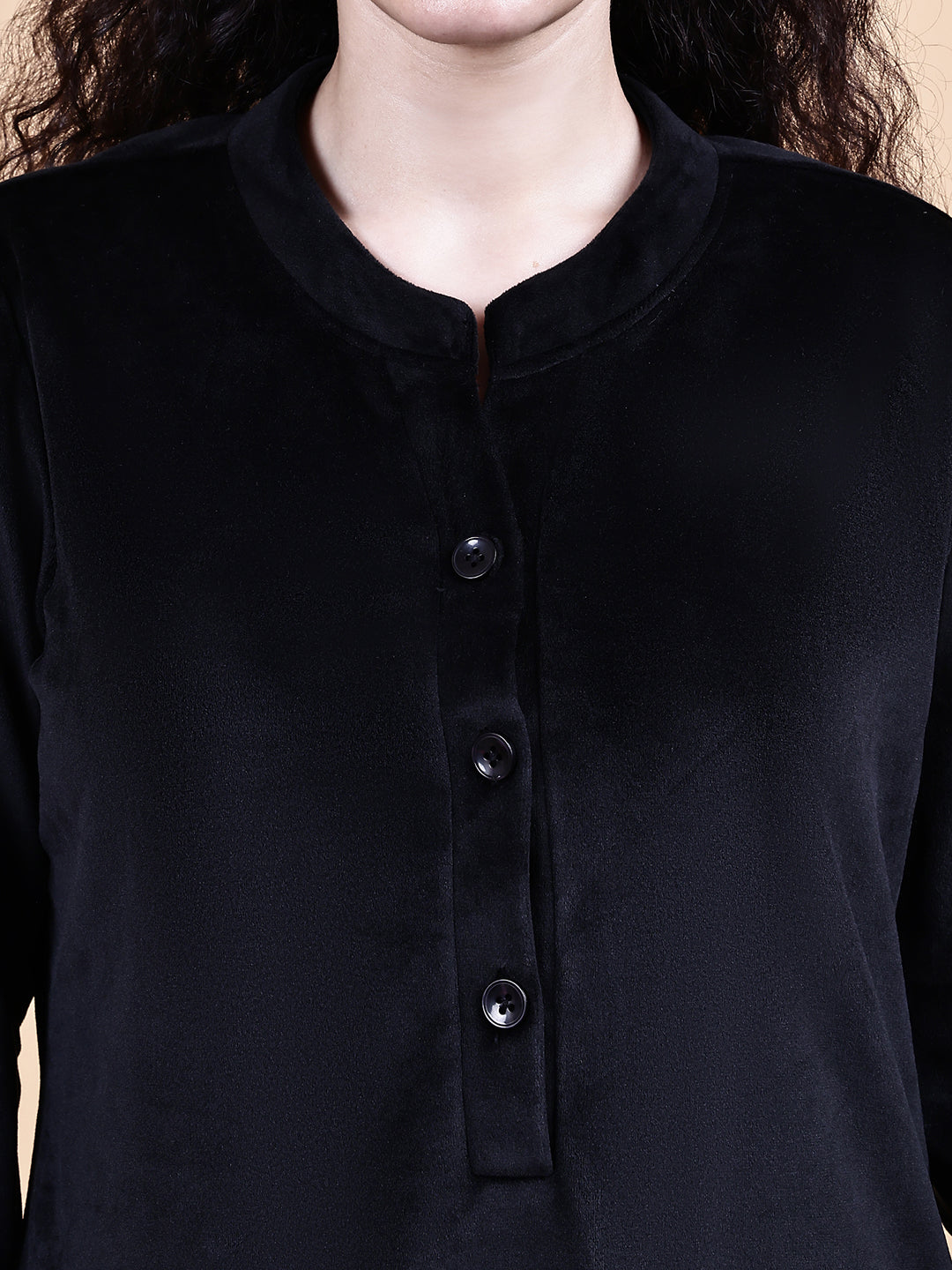 Black Solid Velvet Winter Night Suit