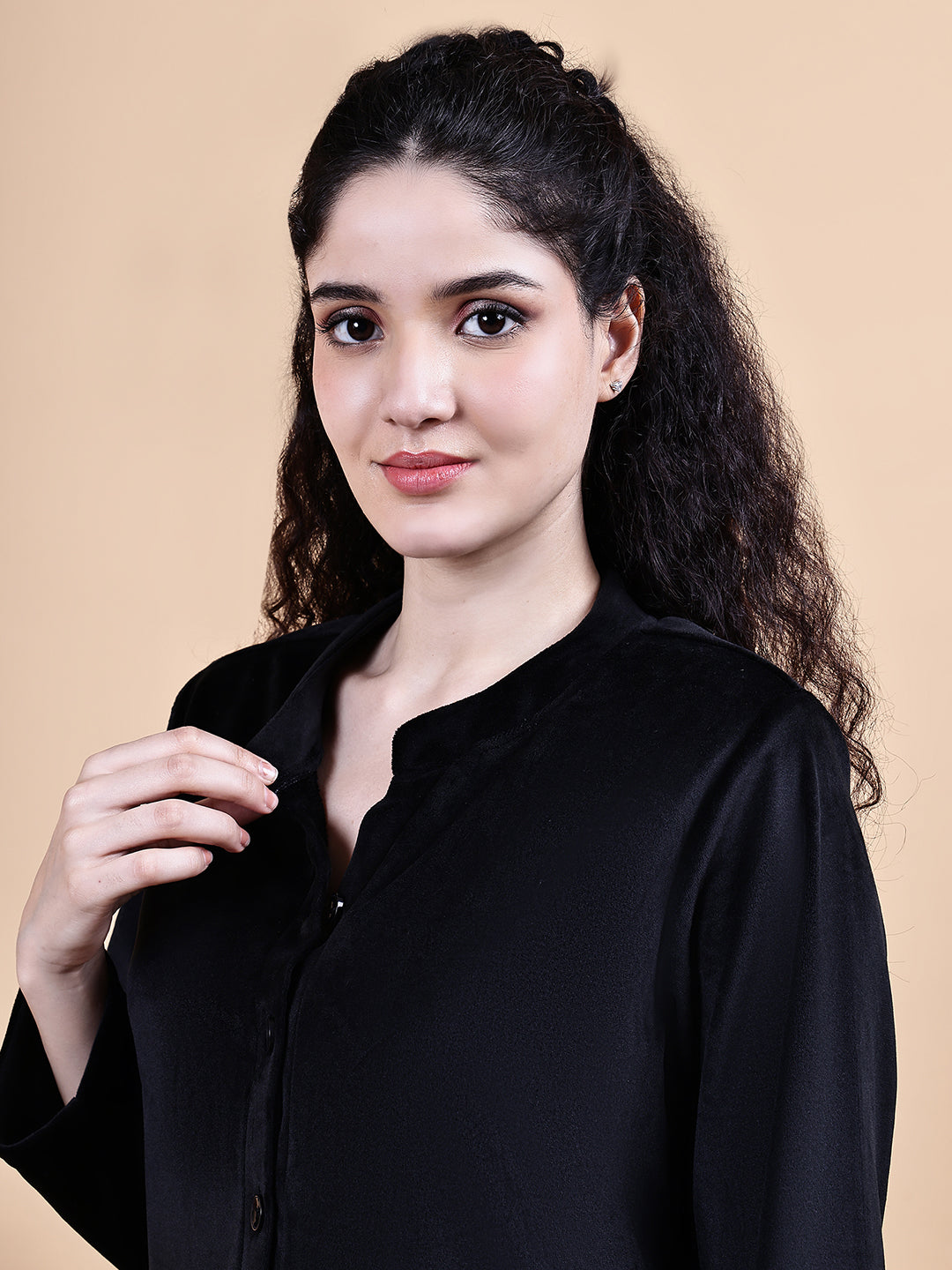 Black Solid Velvet Winter Night Suit