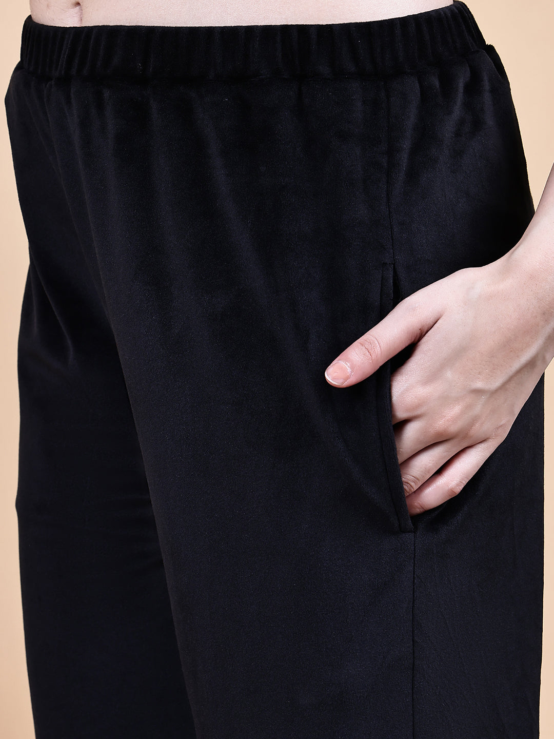 Black Solid Velvet Winter Night Suit