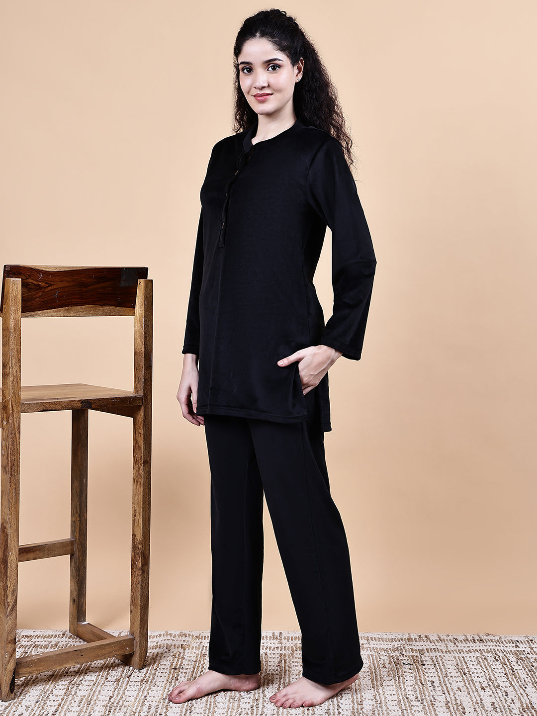 Black Solid Velvet Winter Night Suit