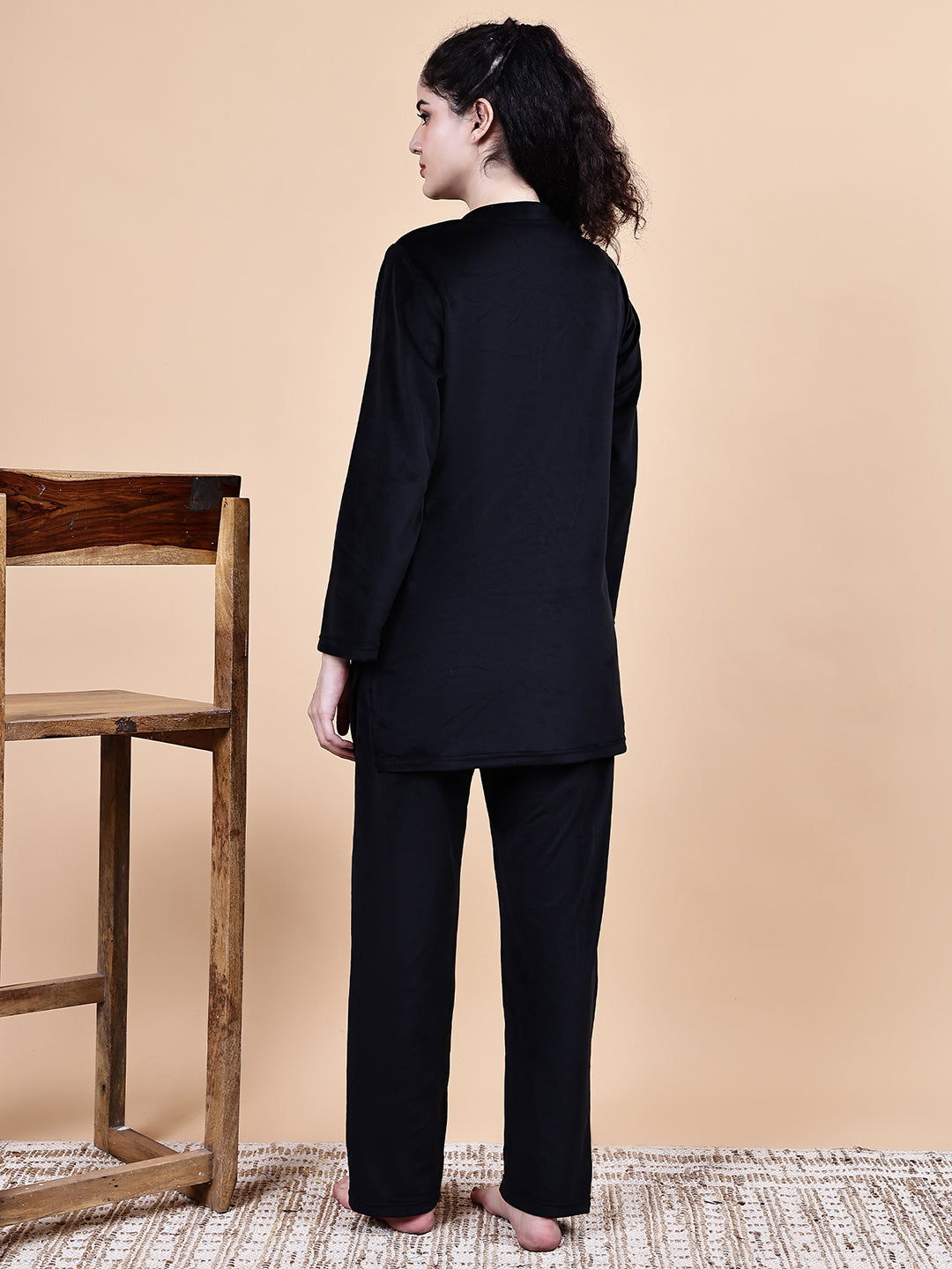 Black Solid Velvet Winter Night Suit