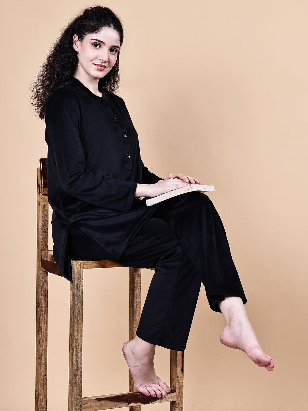 Black Solid Velvet Winter Night Suit