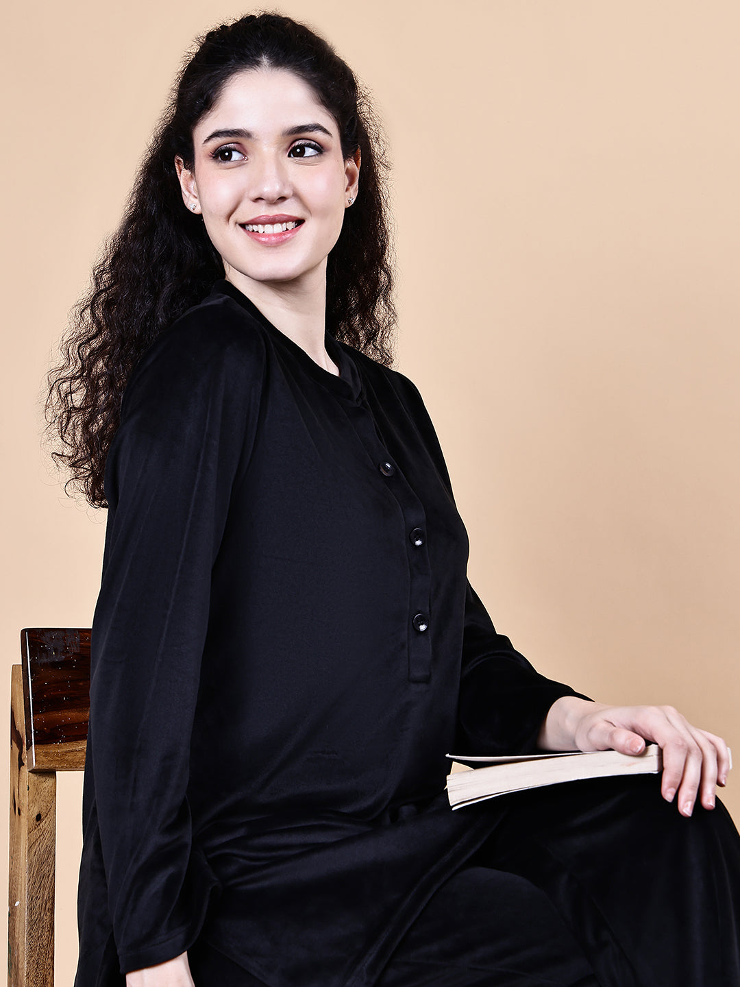 Black Solid Velvet Winter Night Suit