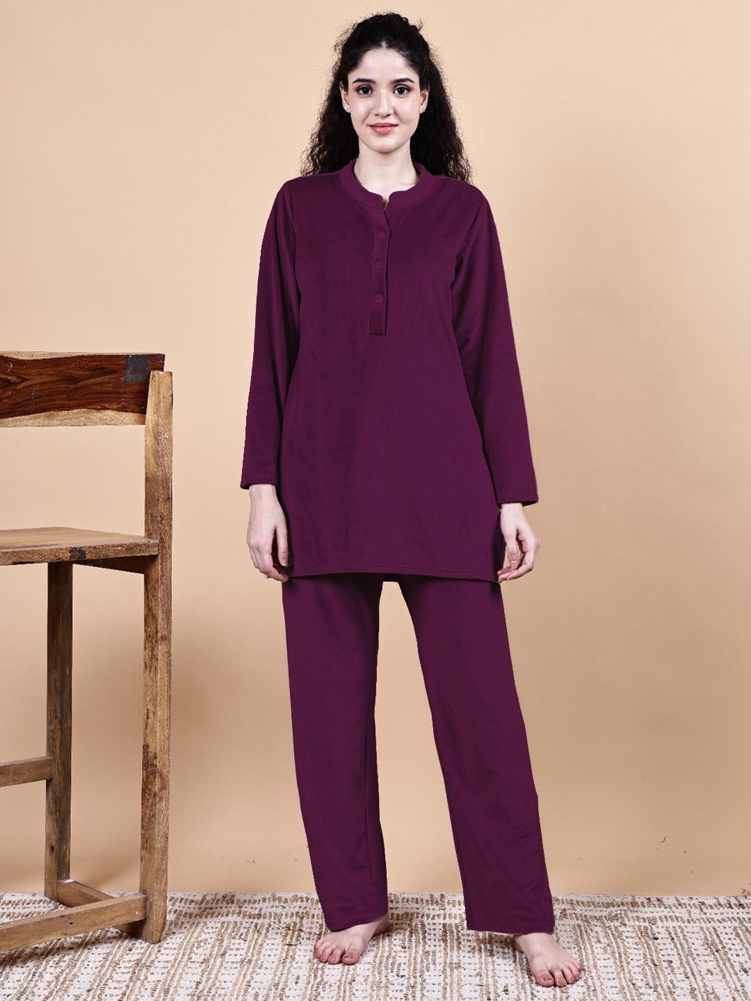 Secret Wish Wine Solid Velvet Winter Night Suit