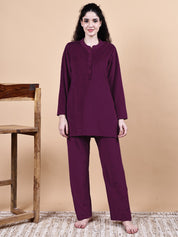 Secret Wish Wine Solid Velvet Winter Night Suit