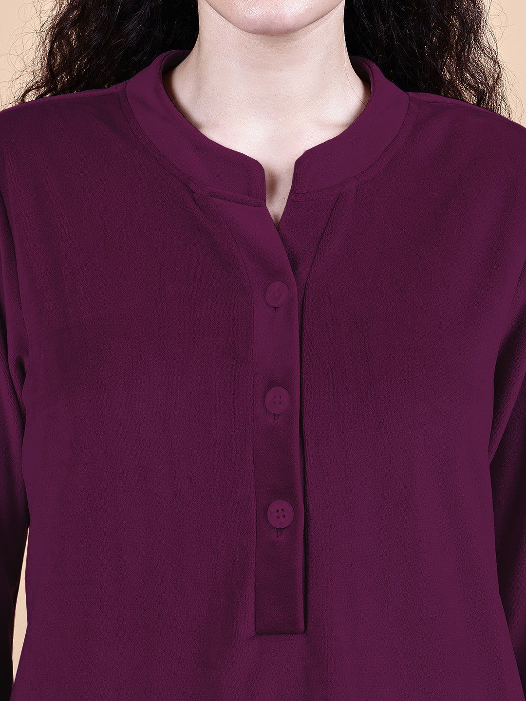 Secret Wish Wine Solid Velvet Winter Night Suit