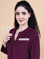 Secret Wish Wine Solid Velvet Winter Night Suit