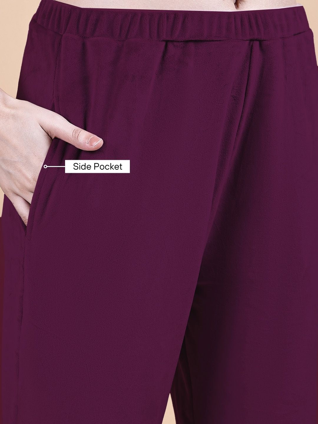 Secret Wish Wine Solid Velvet Winter Night Suit