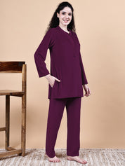 Secret Wish Wine Solid Velvet Winter Night Suit