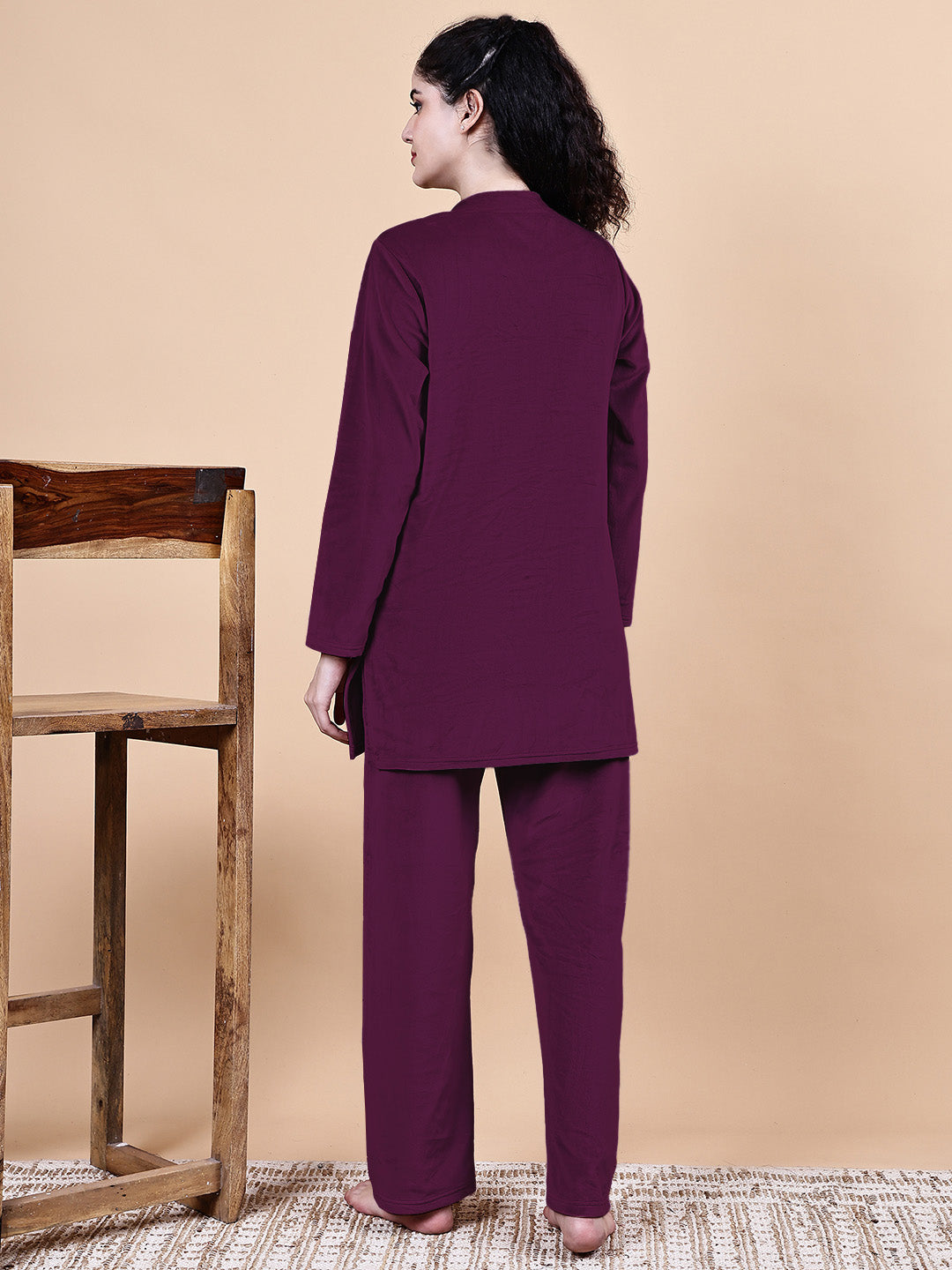 Secret Wish Wine Solid Velvet Winter Night Suit