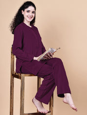 Secret Wish Wine Solid Velvet Winter Night Suit