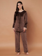Brown Solid Velvet Winter Night Suit