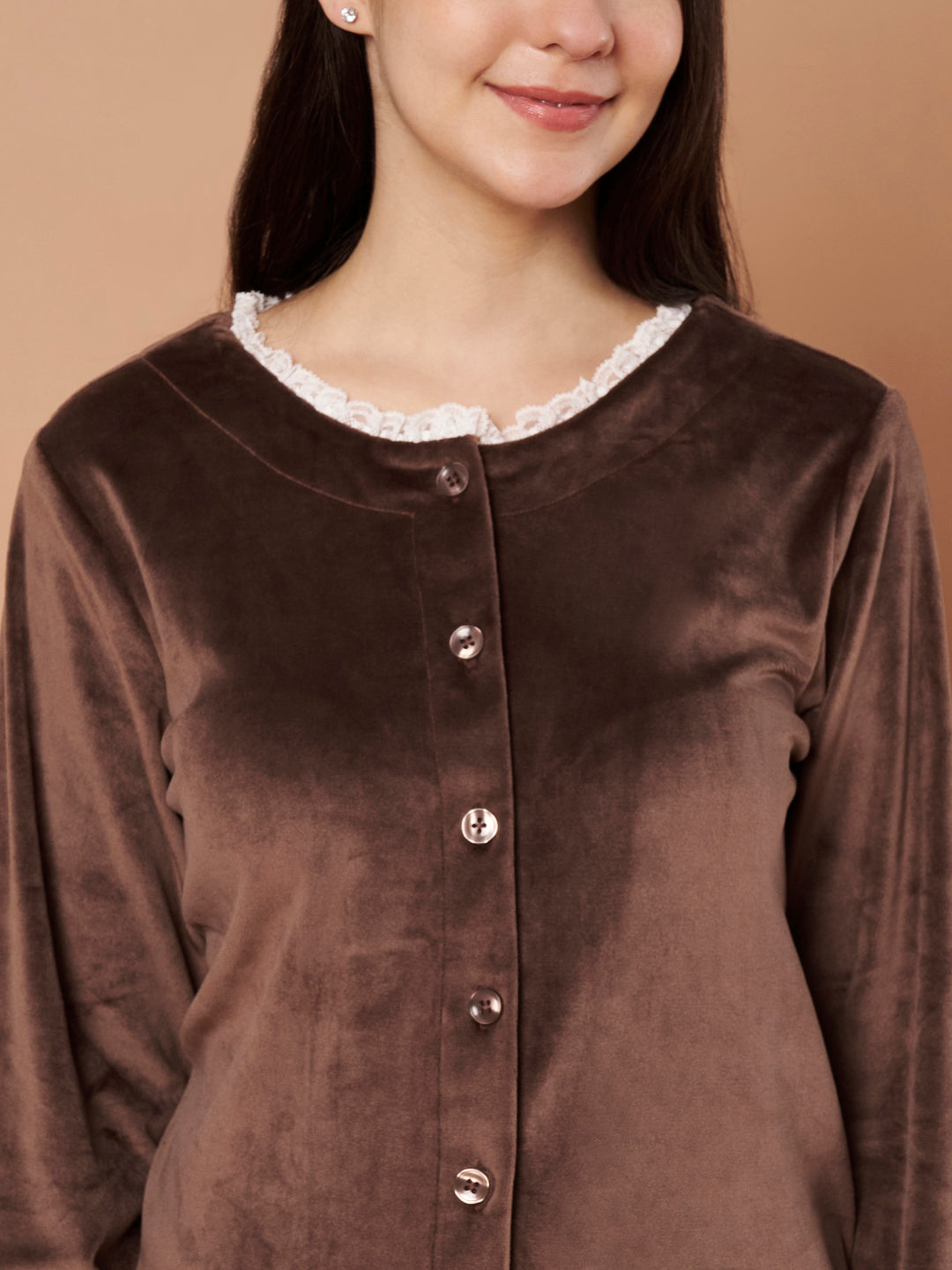 Brown Solid Velvet Winter Night Suit