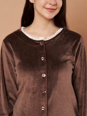Brown Solid Velvet Winter Night Suit