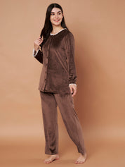 Brown Solid Velvet Winter Night Suit