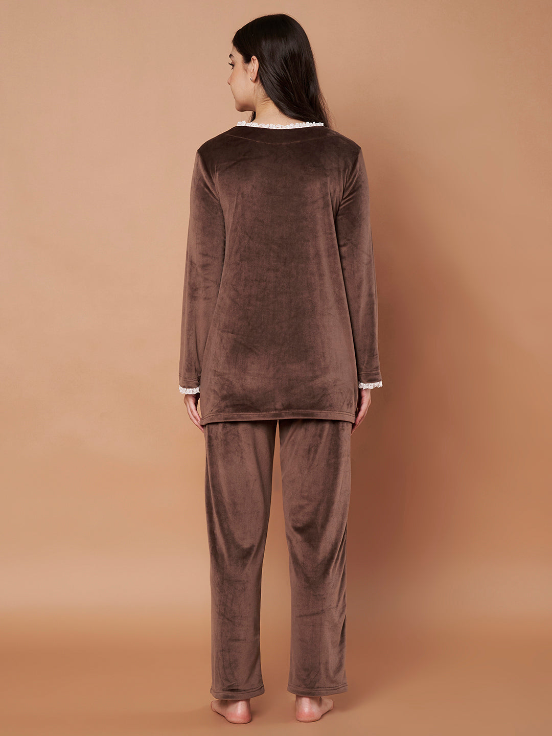Brown Solid Velvet Winter Night Suit