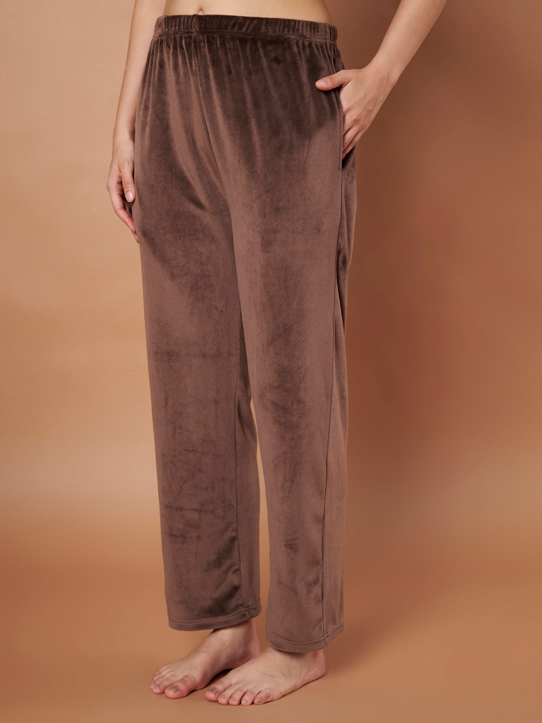 Brown Solid Velvet Winter Night Suit