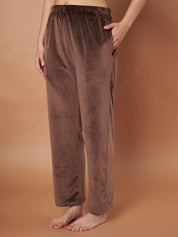 Brown Solid Velvet Winter Night Suit