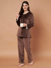 Brown Solid Velvet Winter Night Suit