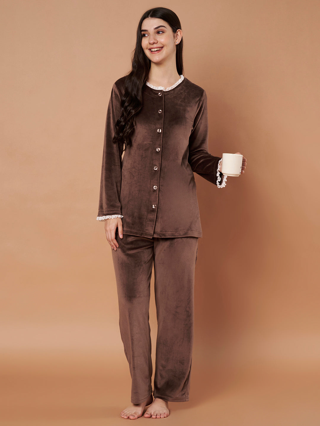 Brown Solid Velvet Winter Night Suit