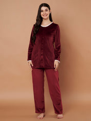 Burgundy Solid Velvet Winter Night Suit