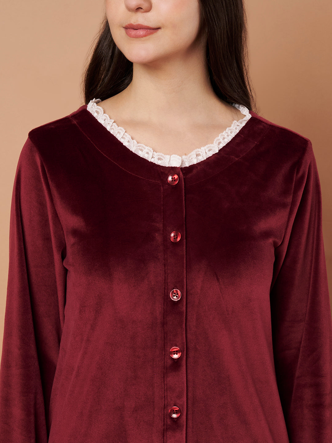 Burgundy Solid Velvet Winter Night Suit