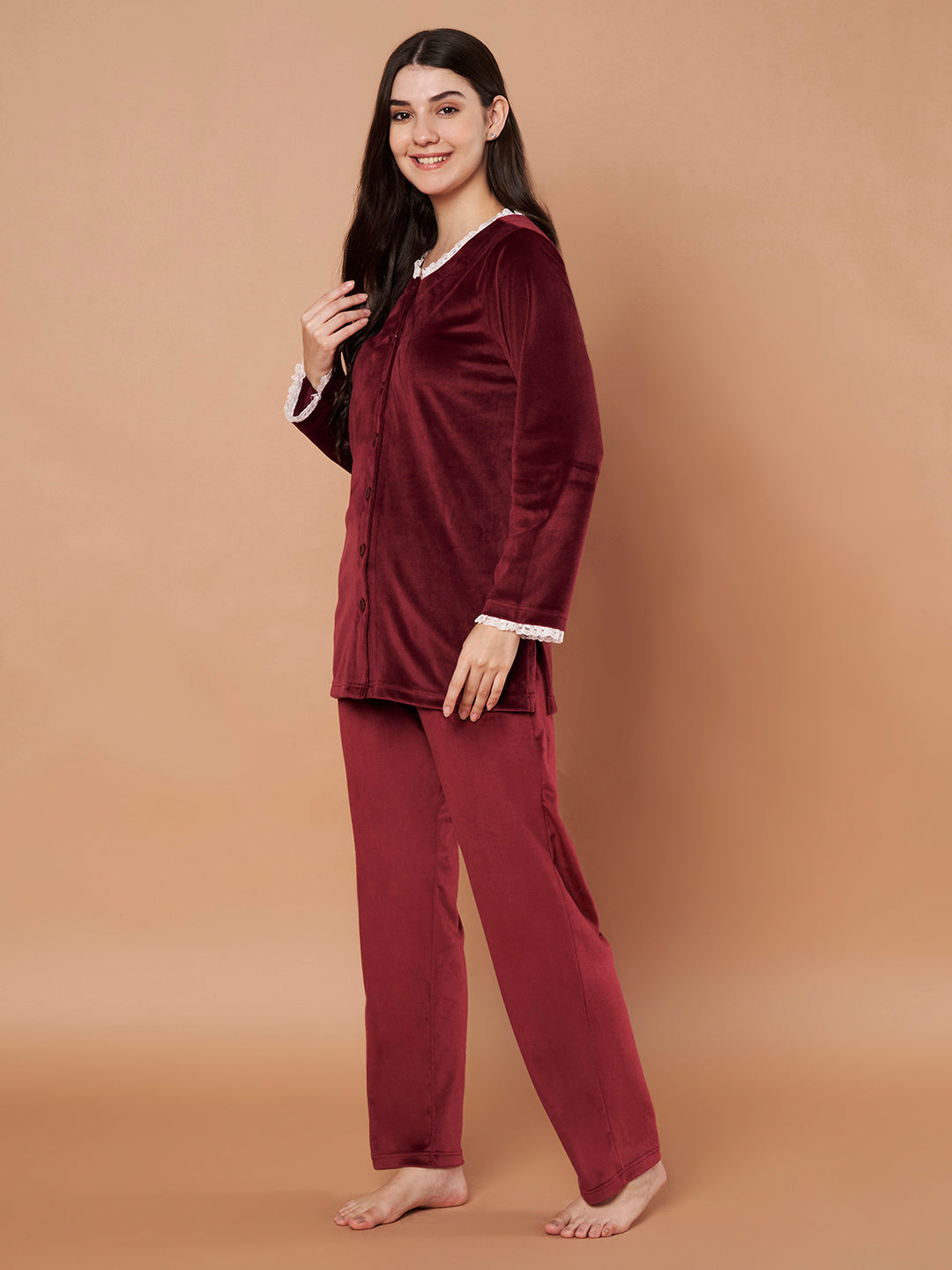 Burgundy Solid Velvet Winter Night Suit
