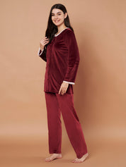Burgundy Solid Velvet Winter Night Suit