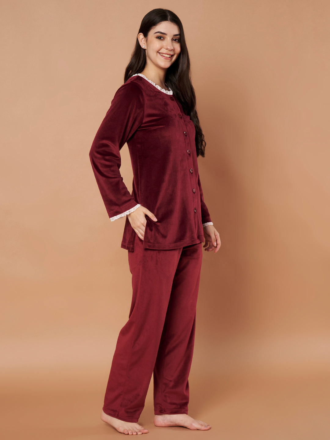 Burgundy Solid Velvet Winter Night Suit