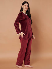Burgundy Solid Velvet Winter Night Suit