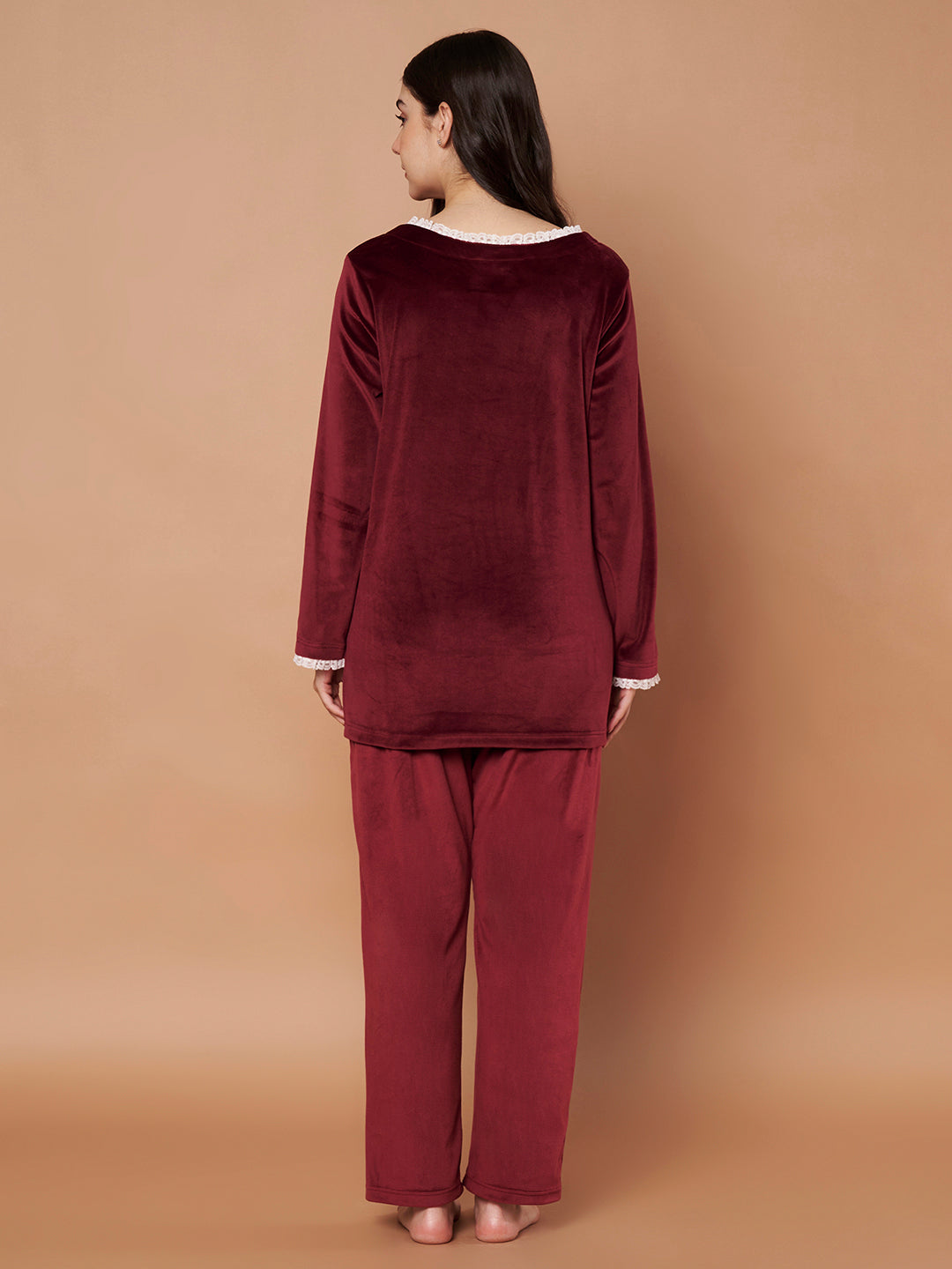 Burgundy Solid Velvet Winter Night Suit