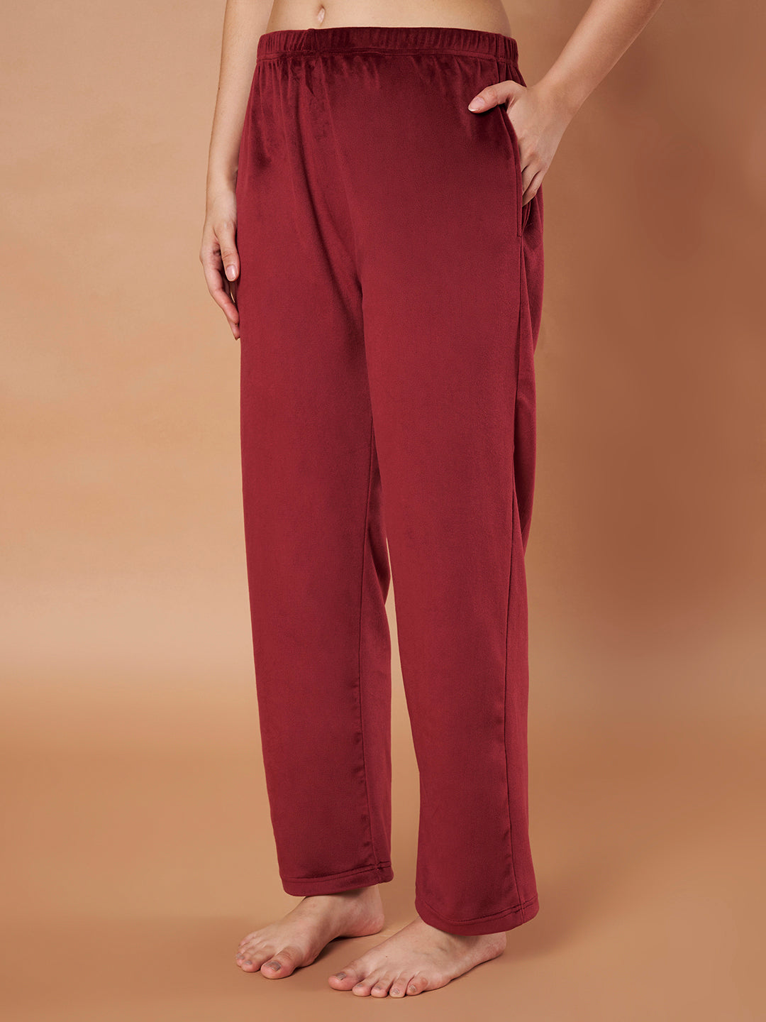 Burgundy Solid Velvet Winter Night Suit