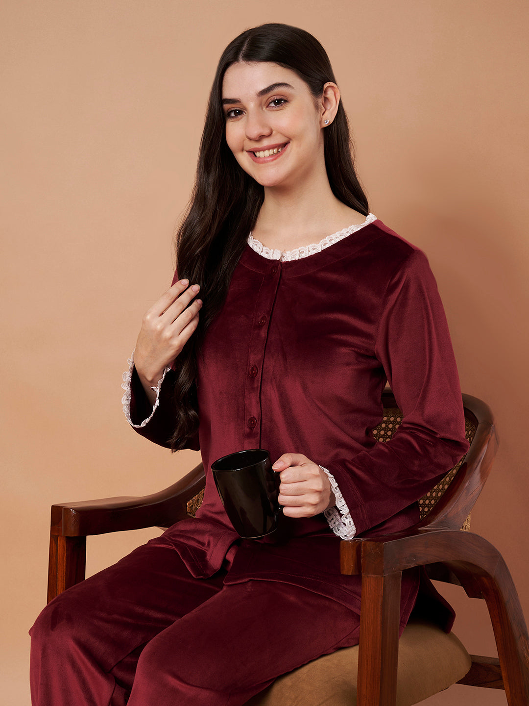 Burgundy Solid Velvet Winter Night Suit