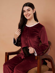 Burgundy Solid Velvet Winter Night Suit