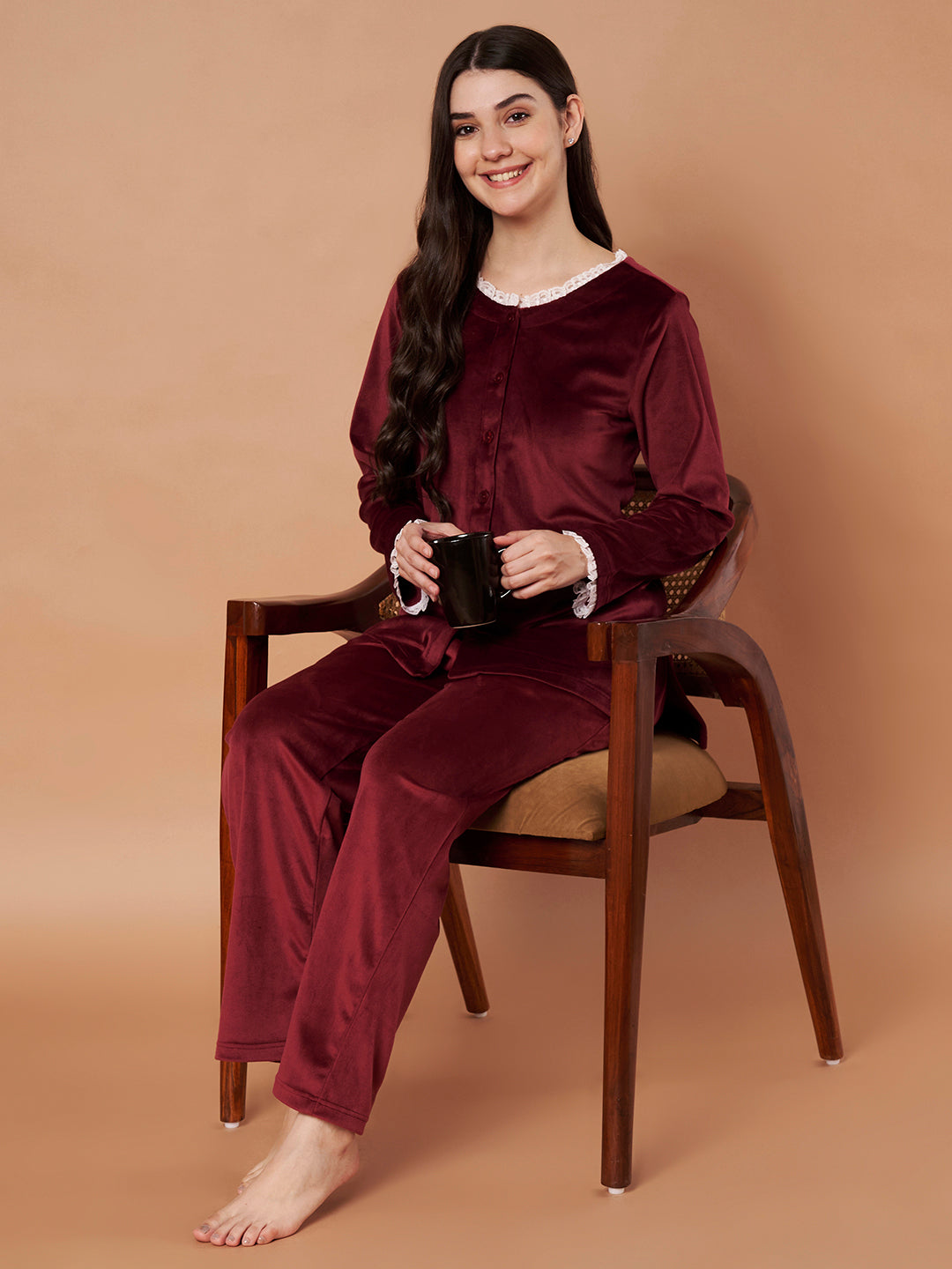 Burgundy Solid Velvet Winter Night Suit