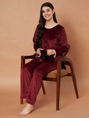 Burgundy Solid Velvet Winter Night Suit